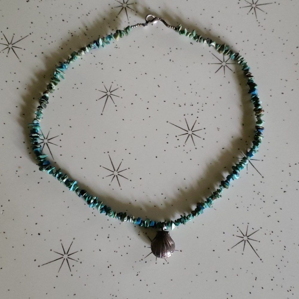 Mermaid seashell necklace with clam & green rocks